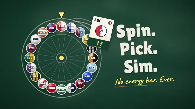 Gaffa XI-grafik: et hjul med opdigtede klubmærker på en tavle ved siden af ordene Spin. Pick. Sim.